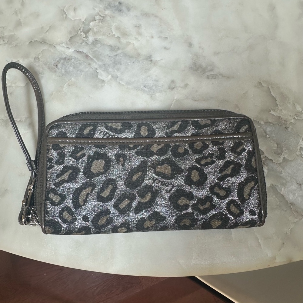 Coach silver leopard print wristlet/wallet